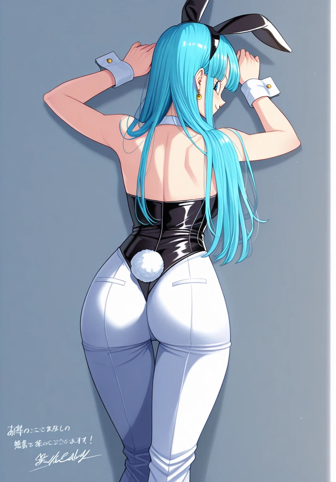 (rabbit) ,Ridiculous,Comment,high resolution,1 girl,18 years old, perfect body proportions,absurdly long hair ,Animal ears,yes,Back,Backless outfit,bare Back,bare shoulders,black tights,blush,medium breasts,split collar,fake Animal ears,fake Tail,fishnet pantyhose,fishing net,from behind,whole body,glove it,hand on own thigh,High heel,high ponyTail,high legs,high legs tights,large,tights,big ass,long hair,looking at the audience,looking Back,Zhonggou,official alternate costume,on Stool,pantyhose,Postbox,playboy rabbit,ponyTail,Rabbit ears,rabbit Tail,scapular,side- tie tights,side breasts,side lock,sign,standing,alone,Strapless,Strapless tights,Tail, username,very long hair,wh ite Background,White gloves