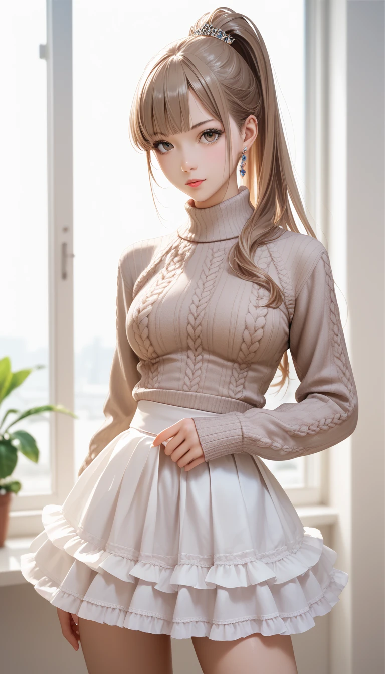 ((Highest quality、In 8K、masterpiece:1.3))、Highly detailed long blonde half-up pigtails、Japanese、Highly detailed double eye、Highly detailed tan skin texture、Highly detailed hair texture、Highly detailed Maki Goto lookalike、Highly detailed ears、Highly detailed solo selfie、Cute room with white walls、Clothed big tits、Plump figure、Chubby、Sweater and mini skirt、Landmine Girl