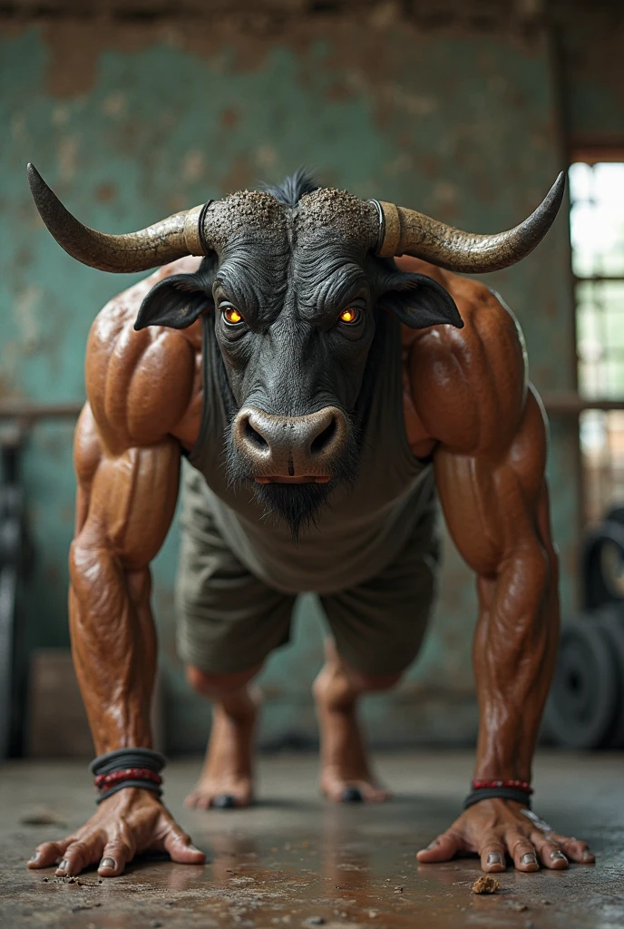 A muscular man with his arms crossed and the head of a raging bull