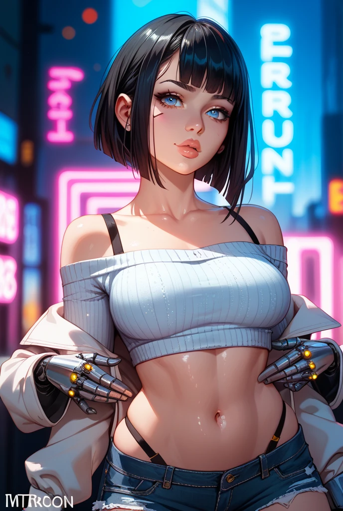 Masterpiece, highres, high Quality, detailed face, detailed body render, 1girl, solo, hyuuga hinata, hinata-sleeveless-outfit, large breasts, big breast, sleeveless shirt, fishnet top, dark lips, unzipped jacket, no bra, breasts out, nipple, standing, blushes, (on bedroom)