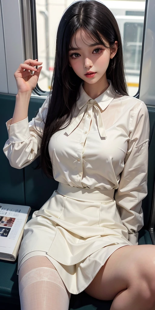 ((Kumiko Goto:1.3))Beautiful detailed face、Pale skin、Realistic glowing skin、Detailed cloth texture、Detailed hair texture、Perfect body、Beautiful Face、correct、Anatomically correct、 Highly detailed face and skin texture、Natural neck length、(Beautiful Hands)、(Fair skin:1.2)、Thin legs、Thin legs、 break 細かい目元、Symmetrical eyes、Light brown eyes、double eyelid、Thin eyebrows、(Glossy Lips:1.4)、((Gentle smile:1.2))、(blush:1.1)、 break (Elegant and cute girl:1.3)、Medium-sized large breasts、(Slim body type:1.1)、Toned Abs、Beautiful clavicle、 (Dark Blonde、Wavy Hair、Long Hair:1.2)、 ((Asymmetrical bangs:1.2))、((In a stylish office at night:1.4))、(Cowboy Shot:1.2)、white long sleeve button up blouse,_brown tweed mini skirt,Put the shirt inside the skirt、((look down at the viewer,from below:1.5)),