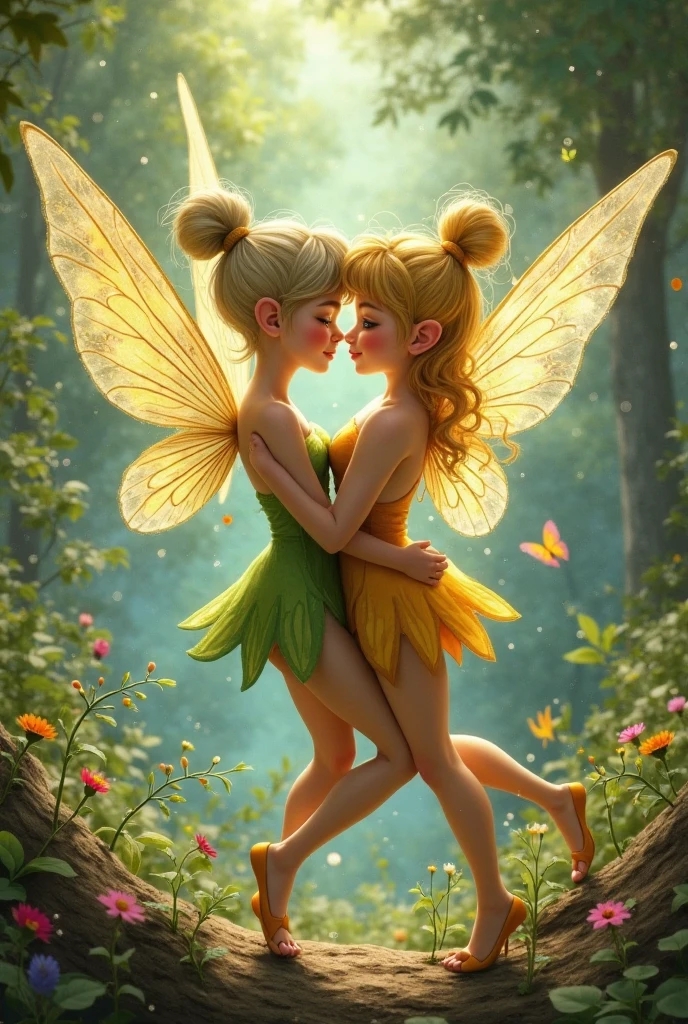 Tinkerbell and Rosetta are kissing and caressing each other in bed, they are both busty and big-assed and they are naked