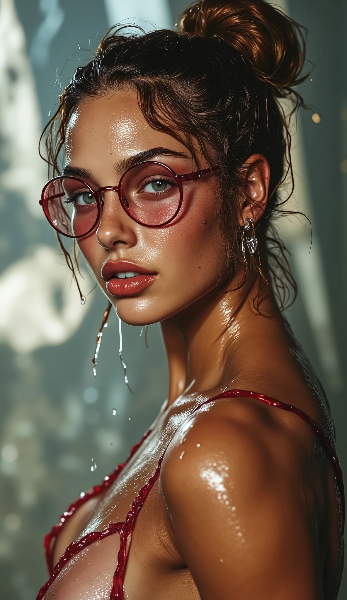 araffe woman with narrow nose and small lips, with dimples on cheeks, in red dress and glasses standing in shower, wet look, wet hair, wet lips, wet make - up, girl with glasses, with glasses, karol bak uhd, glasses, sexy girl, dripping wet, portrait shot, highly realistic digital art, ultrarealistic digital art, photorealistic digital painting, photorealistic digital art