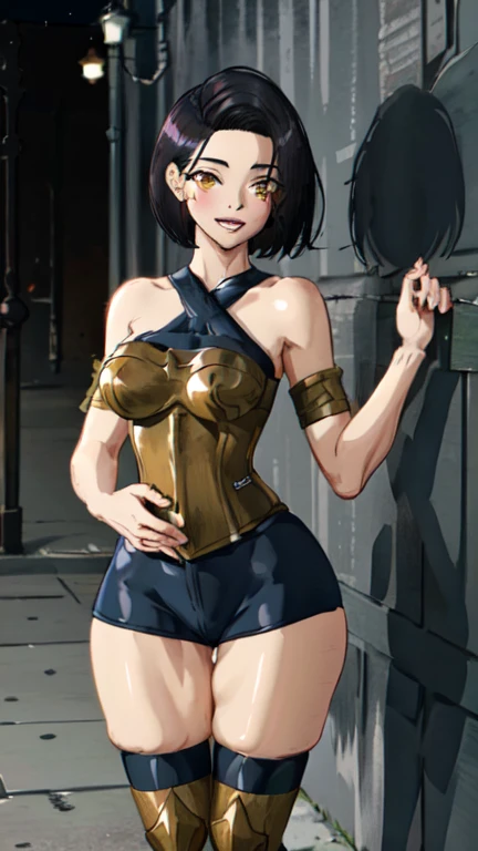 "(masterpiece:1.1), best quality,
1girl, (80s anime style:1.4), (eyelashes:1.5),(loli:1.2),
(intricate high detailed body:1.2),
brown hair,
(forehead, hair slicked back:1.2), (wavy twintails:1.1), (headband:1.2),
green eyes, (red lip stick, detailed pupils:1.1),
(tan skin:1.3), (curvy body:1.1), (large breasts:1.1),
happy, smile, open mouth,
(high cut bikini armor, corset:1.2),
(knight armor, armored boots:1.2), (frill:1.1), (earrings:1.1), sleeve,
standing, claw pose,
(cowboy shot, looking at viewer, from front:1.1),
(simple white background:1.2)"
