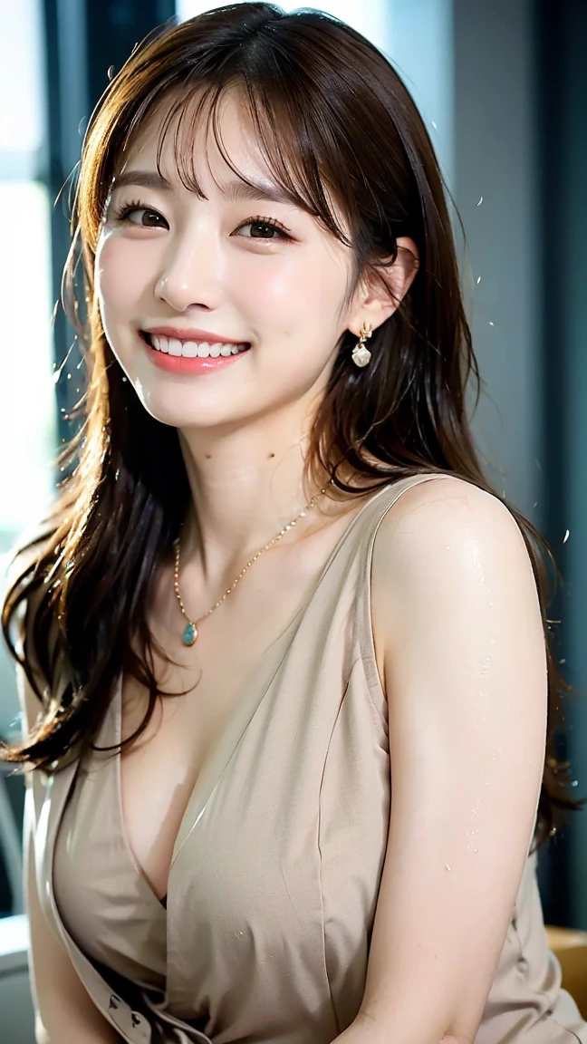 (masutepiece:1.3), High resolution, ultra-detailliert, the Extremely Detailed CG Unity 8K Wallpapers, Realistic, Photorealsitic, Raw photo, beautifull detailed face, pale skin, realistic glistening skin, Detailed Cloth Texture, detailed hair texture, Perfect Style, Beautiful face, 准确, Anatomically correct, Highly detailed face and skin texture, Natural Neck Length Break Detail Eyes, symmetrical eye, Brown eyes, Double eyelids, Thin eyebrows, (Sexy lips:1.3), (Happy smile:1.2), (blush:1.2) BREAK, ((a Innocent and cute girl:1.3)), ((Wearing an off-shoulder white blouse:1.4)), (Gold Buckle Belt), (Skinny Jeans:1.2), (Cross Strap High Heels:1.2), (Necklace, 手链), (Thin hoop earrings), (Pinky Ring), (Beautiful blue nails:1.2), Layered hairstyle, (Brown hair:1.2), (Wavy Hair:1.2), Medium Long Hair, (Large breasts, firm breasts, nice shaped breasts:1.5), ((upperbody shot:1.2)), (Focus on Face:1.2), (From above:1.2), (Stylish city outdoors),Japan Person Model、Young Sensual Gravure Idol、Young cute gravure idol、Realistic Young Gravure Idol、Realistic sensual gravure idol、Young gravure idols、sophisticated gravure idol、Young skinny gravure idol、beautifull asian girl ever、Very long hair、Longhaire、Large cleavage