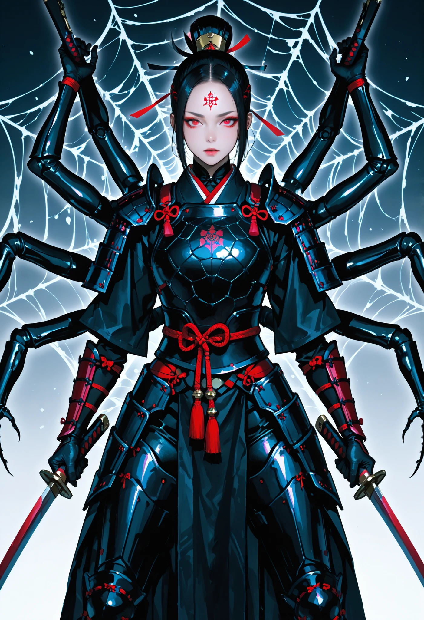 Samurai Girl. Forehead guard. Black hair. Tied back hair. Red eyes. Multiple eyes. Japanese armor. Multiple arms. Dual wielding. Spider web costume. Insect legs. Spider-fused armor. Biological armor.