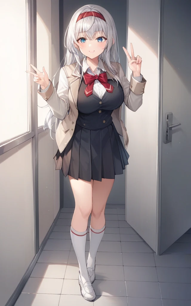 (1) There is a high school girl with beautiful legs., (She lifts up her skirt to show off her beautiful bare legs and panties:1.5), 
(2)  standing, I&#39;Iは立って彼氏にパンツを見せています,
(3) A high school girl wearing a white collared shirt and a navy blue uniform blazer.、The skirt is a mini version of the gray uniform skirt..、(I am wearing loose socks on my feet.:1.5), She wears loafers、
(4) The visible pants are simple white cotton.., 
(5) high school girl with brown ponytail, shining eyes, A provocative grin,
(6) The location is the high school courtyard.., 
(7) highest quality, High resolution, realistic pictures, realistic skin,