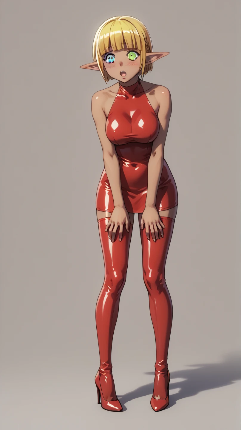 (Best quality, 4k, Masterpiece :1.3), full body standing symmetrical beautiful woman, hyper realistic, 1girl, (drooping breasts, attractive body :1.2), sit-ups :1.1, short red hair: 1.1, (wet rainy, wet by rain, wet body :1.2), ultra-detailed face, detailed lips, detailed eyes, double eyelid, low-necked dress, open neckline, hanging breasts, side pose, visible curves, pool party, poolside, red transparent robe, red sunglasses, muscular turned arms behind body