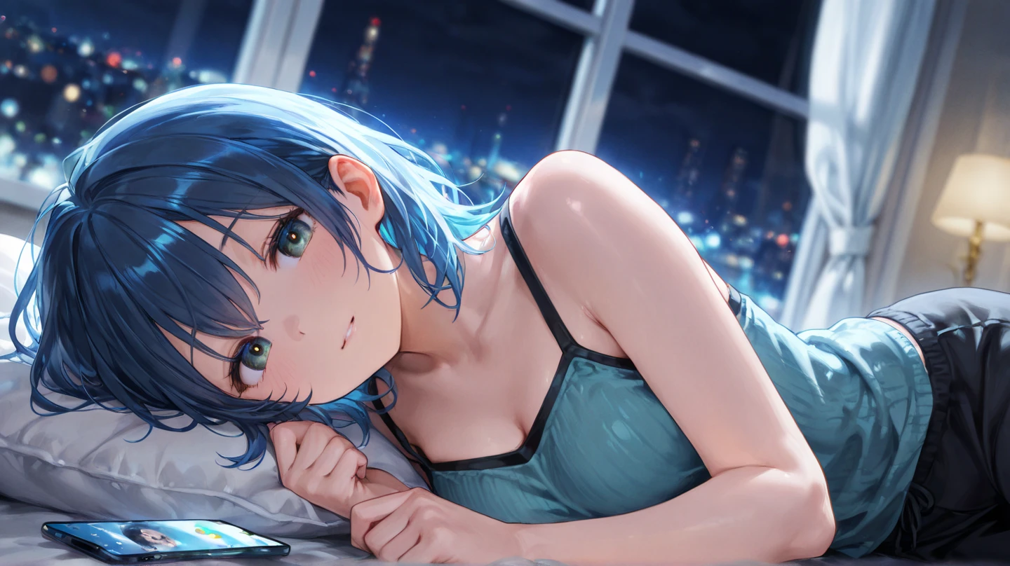 beautiful woman, lying on bed, late night, raining, cyberpunk bedroom, dreamy vibe, sad mellow tones, fantasy and dreams, 8k sensual lighting, wet atmosphere, rainy mood, with glowing blue lights, at night with neon lights, wearing bikini, rainy evening, night mood, teal neon lights, Brandon Woelfel, neon ambience, beautiful blue neon lights, neon rain.
