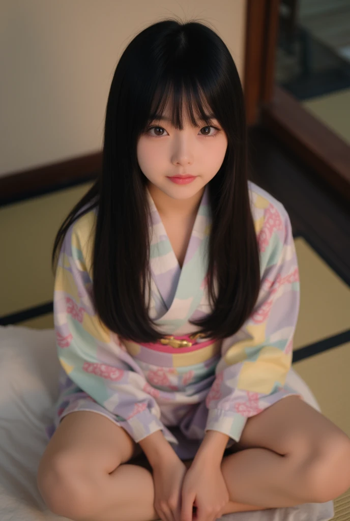 Cute Japanese Girl, Half-length portrait,Vertical black long hair,Highly Realistic, HD ,best quality,【16k,Exquisite details,depth of field, 18 years old, looking at the audience, Wear a colorful kimono,Open Collar ,exposed breasts、Shoulders and long legs,Room at night,Dim lighting,Sleep on a tatami bed at a Japanese-style onsen ryokan,Background Japanese-style patio,Slightly low,Blushing and shy expression