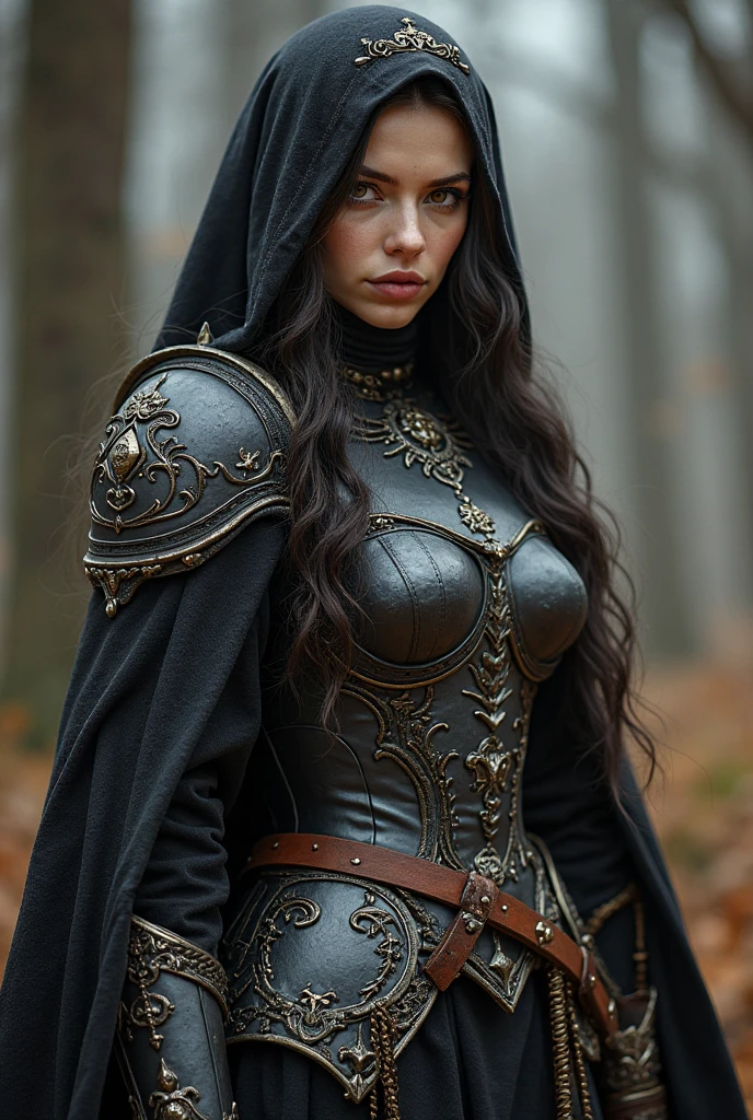 A woman knight with a deep brown hair wearing a black hood and holding a sword