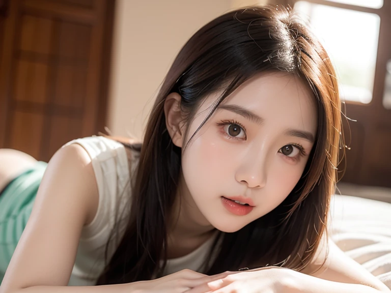 ​masterpiece、Top image quality:1.2、((beautiful young woman with))、Transparent skin:1.2、{A slight smil}、(kawaii)、Short sleeve knit、luxury hotel、depth of fields