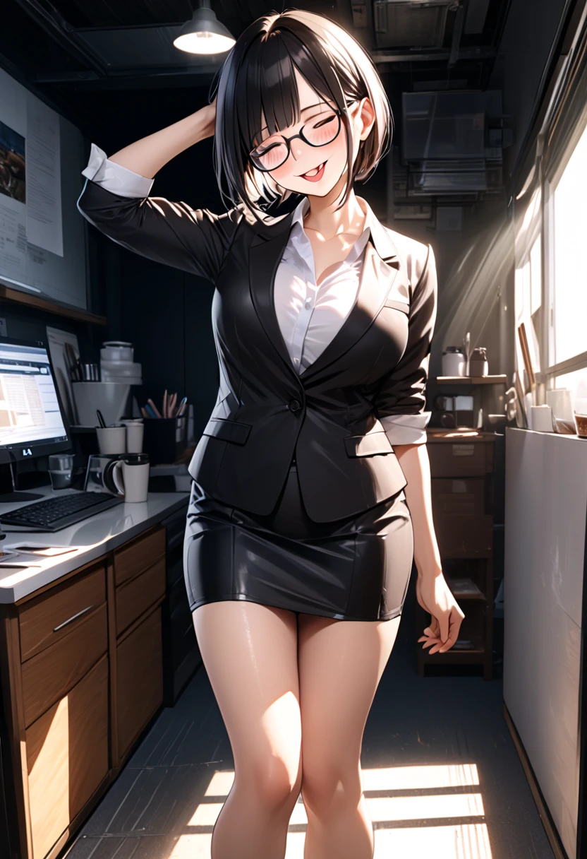 absurdres, RAW photo, extremely delicate and beautiful, masterpiece, Best Quality, ultra high resolution, 32k, hyperrealistic, ultra-detailed, ((perfect anatomy)), super Detailed skin, perfect figure, Very detailed CG 8k wallpaper, in her 20s, very Slim body, narrow waist, very small head, very small face, delicate facial features, tearful mole, earring, thin legs, huge round breasts, whole body shot, shorter middle hair, wavy hair, ((office lady suit)), blouse, blazer, skirt, ((in office)),