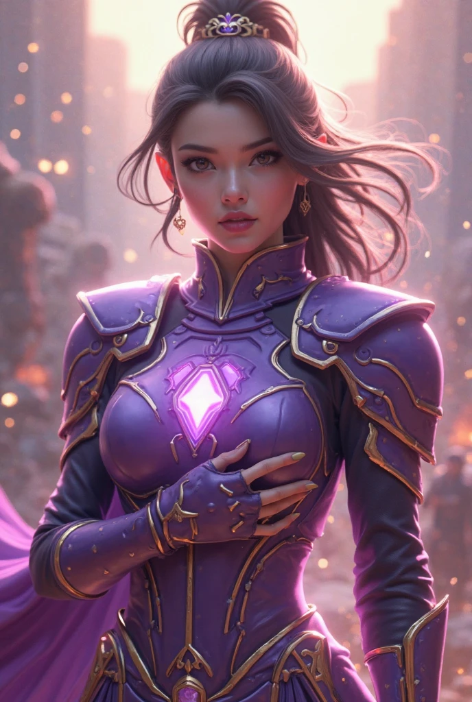 A sorceress in the style of 3D games. Unreal Engine. In her left hand is a staff. A heart-shaped spell with a pink glow is cast in the right hand. In the background there is a sign with the inscription "Academy of Love"