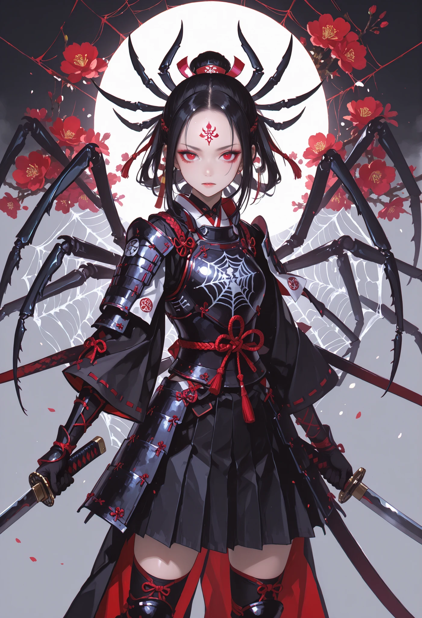 Samurai Girl. Forehead guard. Black hair. Tied back hair. Red eyes. Multiple eyes. Japanese armor. Multiple arms. Dual wielding. Spider web costume. Insect legs. Spider-fused armor. Biological armor.