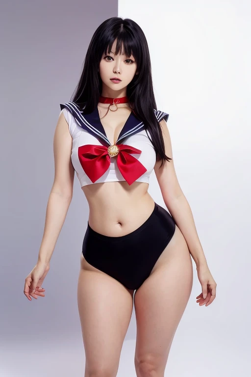 ((8K)), highest quality, 超High resolution, (High resolution), 1 girl, Overweight, ((Extremely fat)), ((Chubby)), Japanese, ((twinkle smile)), Sailor Warrior Costumes,White gloves,Red Sailor Collar,Red Skirt,Star Choker,Elbow hand pockets,Pleated skirt,barefoot,Purple ribbon,smile,,Uptrend,pants,Accentuate your breasts