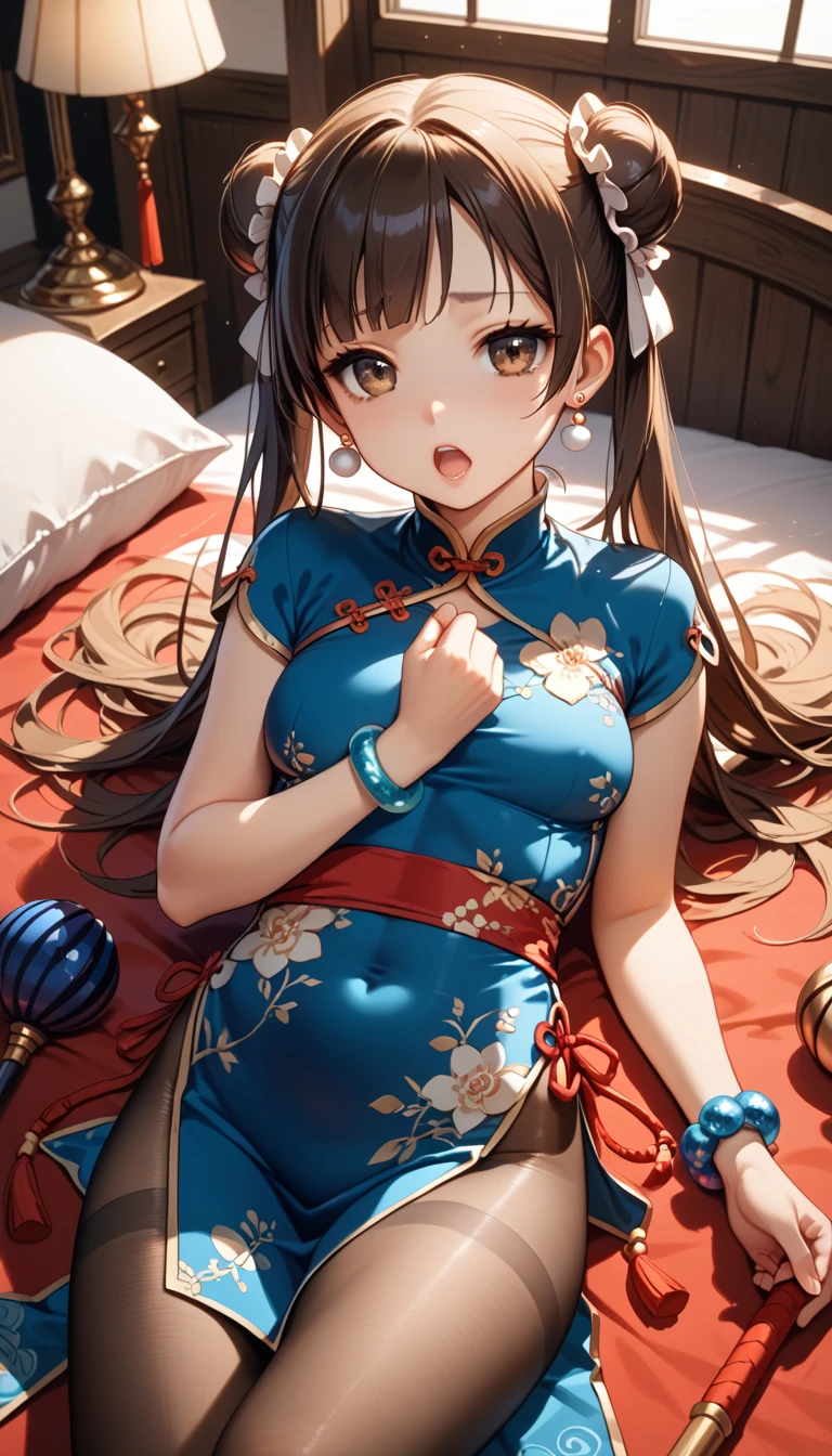 best quality, masterpiece,1girl,hair rings, chinese clothes,on back,