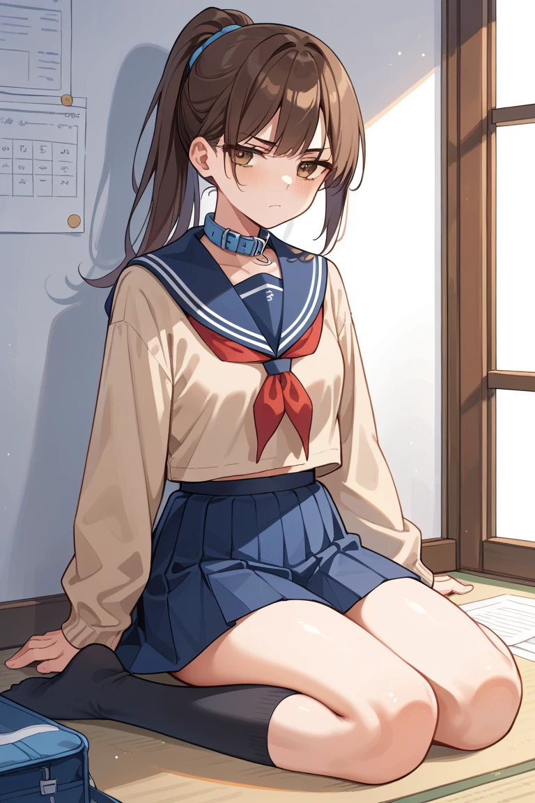 4k HD,perfect,Exquisite,girl,Black ponytail,Small Breasts,full body portrait,((Rope restraints, arms behind the back, hands behind the back, rope restraints, hand restraints, rope restraints, feet rope restraints, groin, slim figurecollar,in the classroom)),((school uniform)),Shy