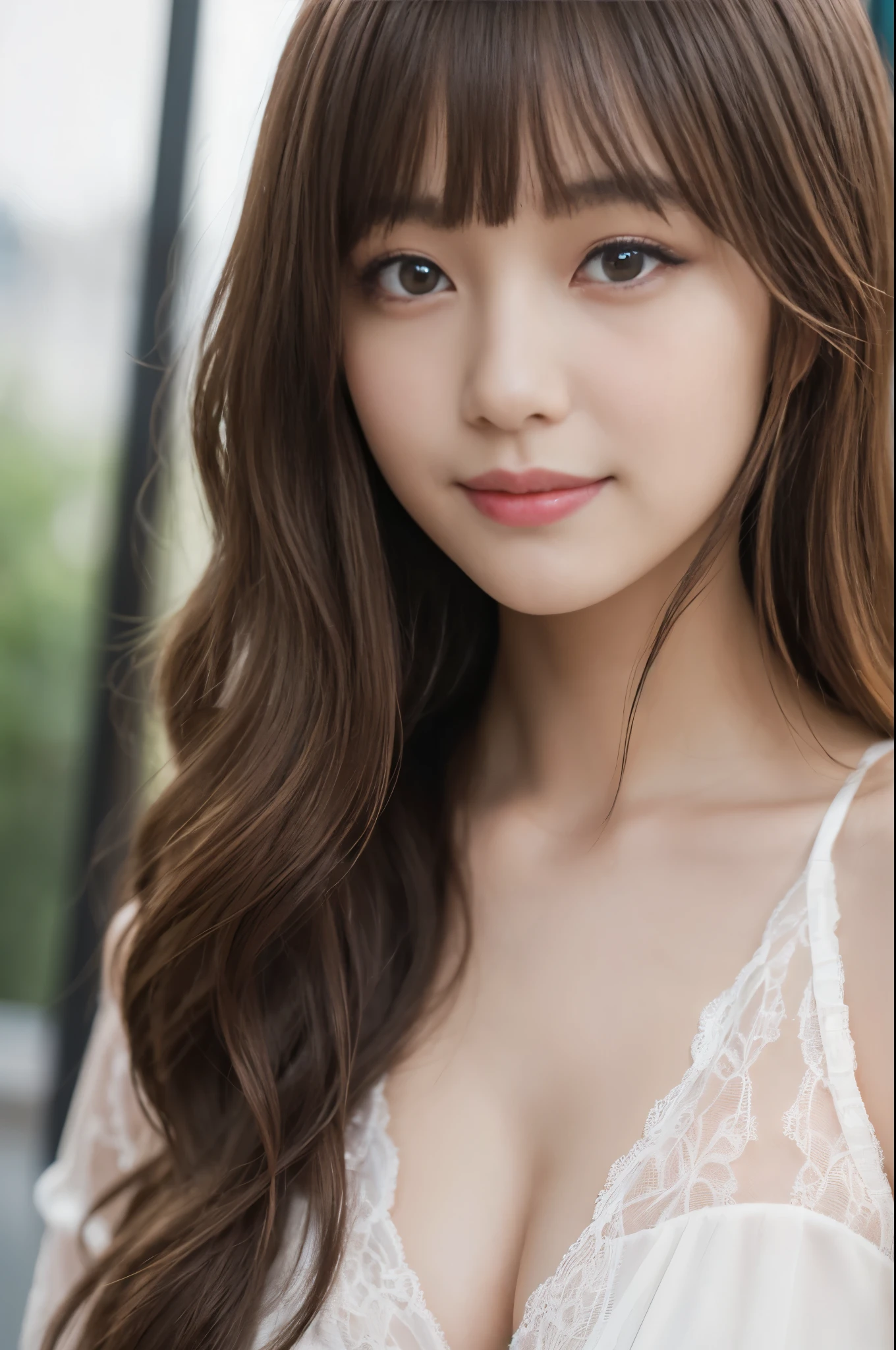 Angelique is a very beautiful and cute girl.,
beautiful and detailed eyes,
detailed double eyelids,
(Big eyes:1.3),long eyelashes,
See-through bang,
(beautiful detailed face and eyes:1.4),
small nose,
small mouth,
beautiful long hair,
Smile happily with visible teeth,
(highest quality:1.2),
RAW photo,
High resolution,
perfect details,
professional photography, whole bodyショット,professional lighting,BREAK has big round breasts、white sexy and naughty panties、white sexy and naughty bra、whole body、sexy pose,beautiful feet, in the city,brown hair,