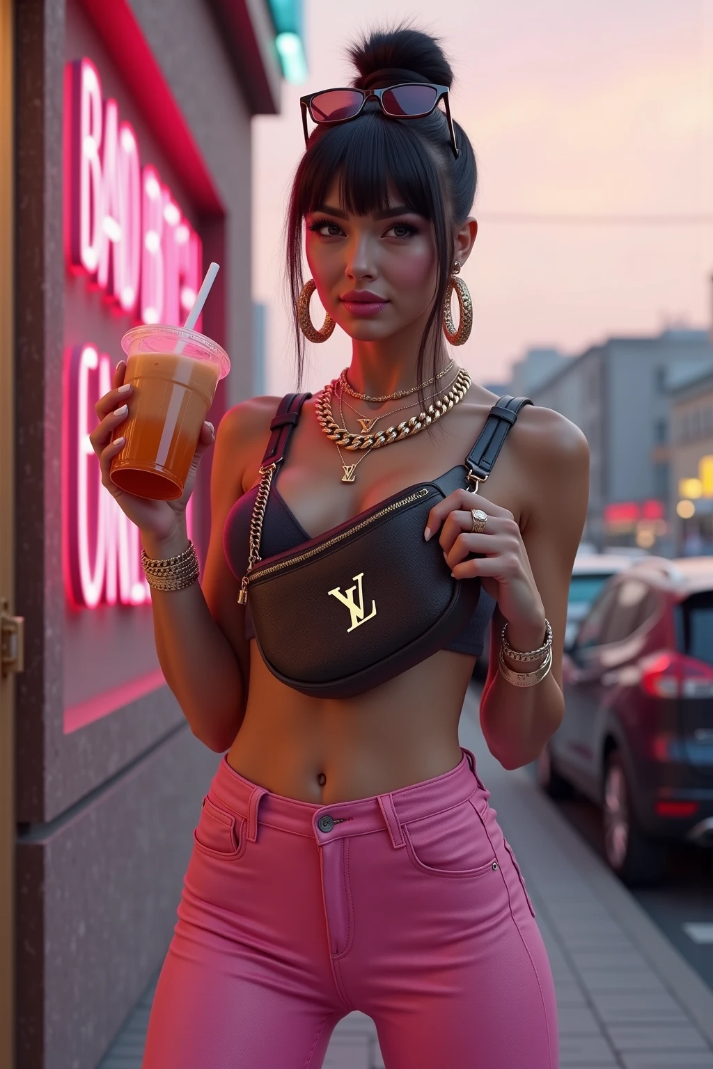 A hyper-realistic fashion portrait of a beautiful woman holding a coffee cup, natural light,  at the edge of a tall building, captured from a low angle to showcase the sky behind her. The shot utilizes a wide-angle perspective, emphasizing her presence against the expansive backdrop. She wears a golden spiked crown, adding a regal touch to her look. Her outfit consists of a plush jacket paired with a bikini, creating an intriguing contrast between elegance and casual style. The overall composition captures a blend of bold fashion and urban adventure, highlighting the woman’s confidence and individuality.