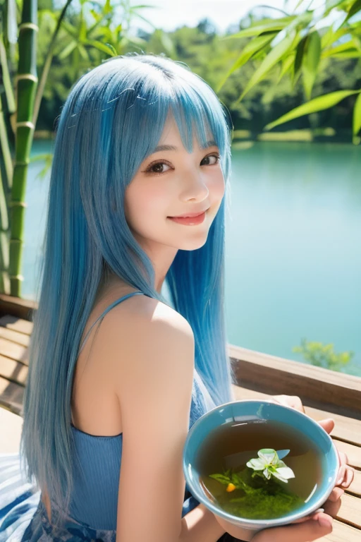 Masterpiece, Best Quality, Official Art, 8k Wallpaper, Very Detailed, Illustration, 1 Girl, Sky Blue Hair, Long Hair, Detailed Eyes, Forrest Gump, Bare Shoulders, Hanfu, Lake, Pure, Soft Smile, bamboo, tea