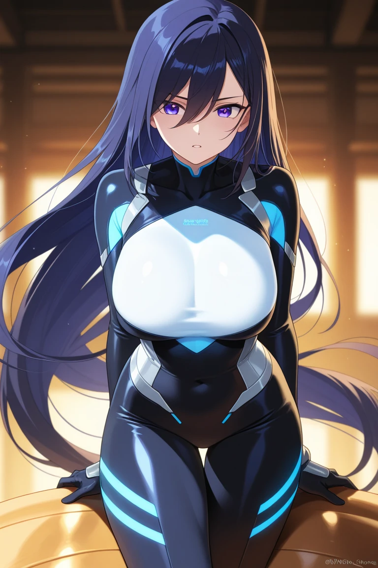 (masterpiece), best quality, highly detailed faces, (SHARP details), 4k, highly detailed, expressive eyes, SHARP detail expressive eyes, (SHARP detail perfect face), long hair, 20 year old woman, standing, taimanin suit, indoors, SFW, clothed, ponytail, mature, big breasts,