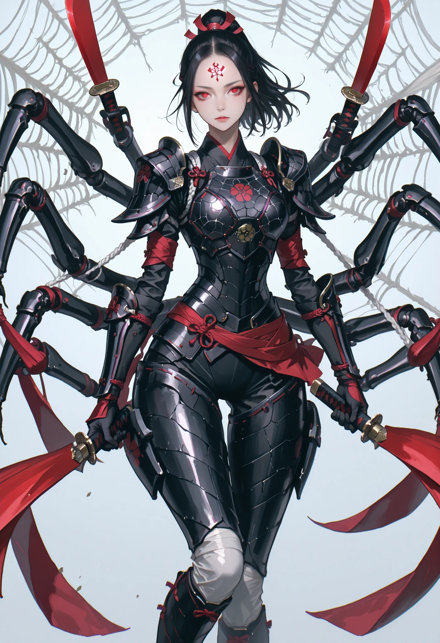 Samurai Girl. Forehead guard. Black hair. Tied back hair. Red eyes. Multiple eyes. Japanese armor. Multiple arms. Dual wielding. Spider web costume. Insect legs. Spider-fused armor. Biological armor.