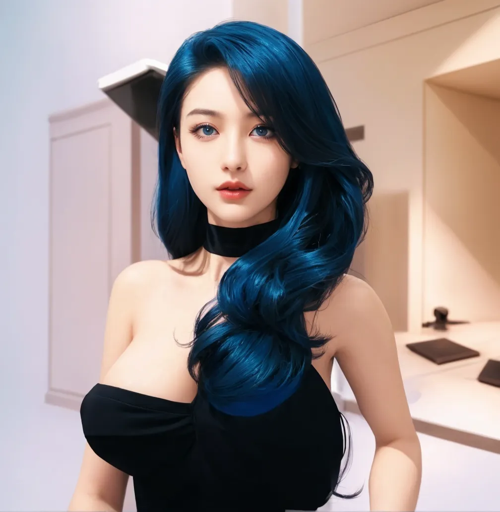 Beautiful big breasts, (bokeh), indoors, detailed luxury living room, gentle and charming beautiful goddess, Korean(kpop-idol), solo, smooth skin, necklace, (blue navy hair, blue eyes, short hair), oval face, double eyelids, smart, good hands, good feet, Natural, (from below angle), (glossy skin:1.05), ((low angle)), Perfect figure, (64k, UHD, RAW photo, best quality, masterpiece:1.4), (realistic, photo-realistic:1.37), ultra high res, photon mapping, radiosity, physically-based rendering, professional soft lighting