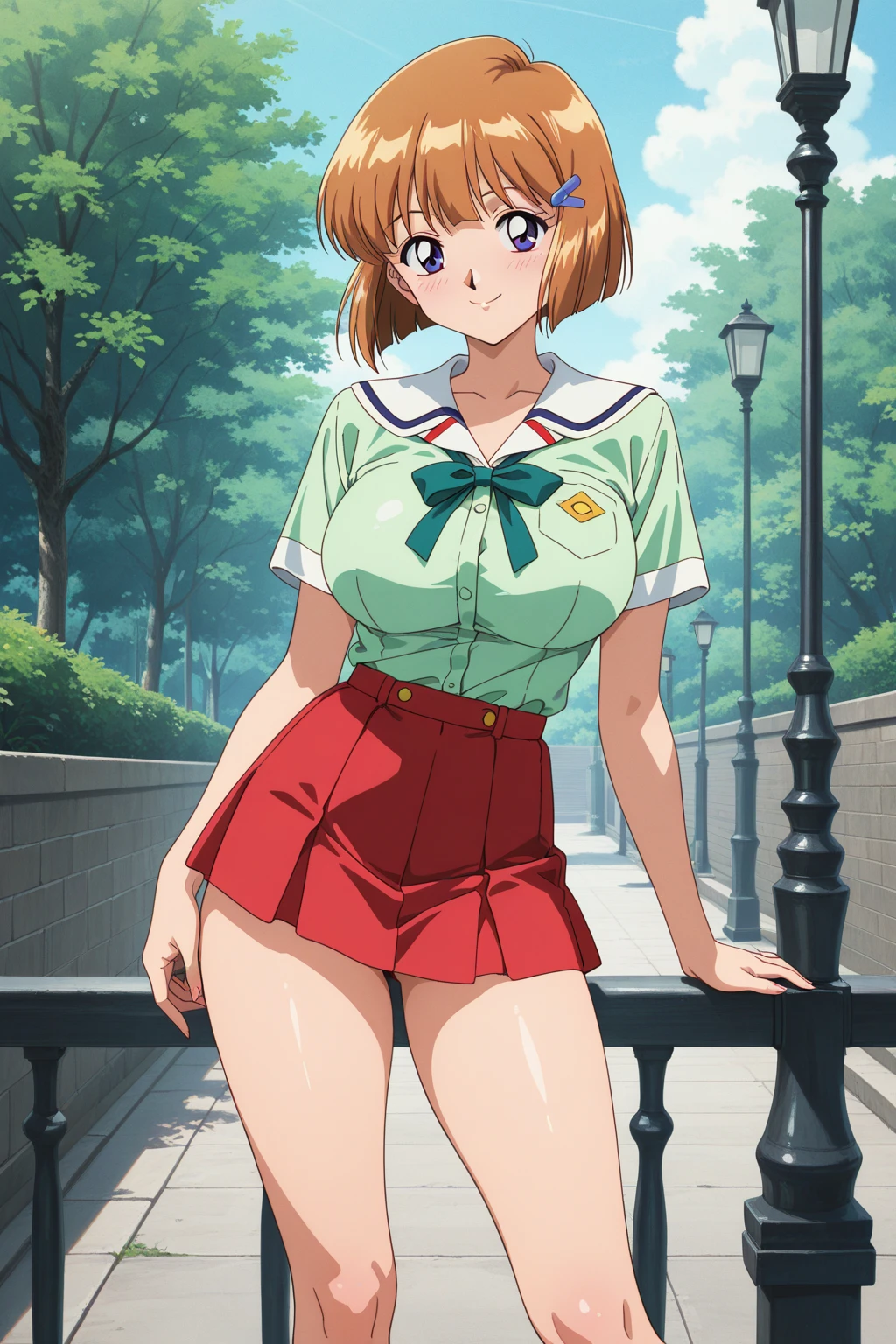 ((masterpiece)),((best quality)),ultra-detailed,illustratio,Explicit,Beautiful body,Beautiful Nose,Beautiful character design,perfect eyes,perfect face,wallpaper,ultra highres,4K,photography,(Beautiful,normal breasts:1.2),(beautiful face:1.2),beautiful legs,perfect legs,shiny skin,official style,official art,nsfw,sanime screencap,anime coloring,
1girl,solo,black hair,black eyes,skirt,tied shirt,1980s (style),shirt,retro artstyle,hand on hip,looking at viewer,casual,pink skirt,green shirt,front-tie top,(full body:1.2),<lora:Asakura Minami:0.7>,outdoors