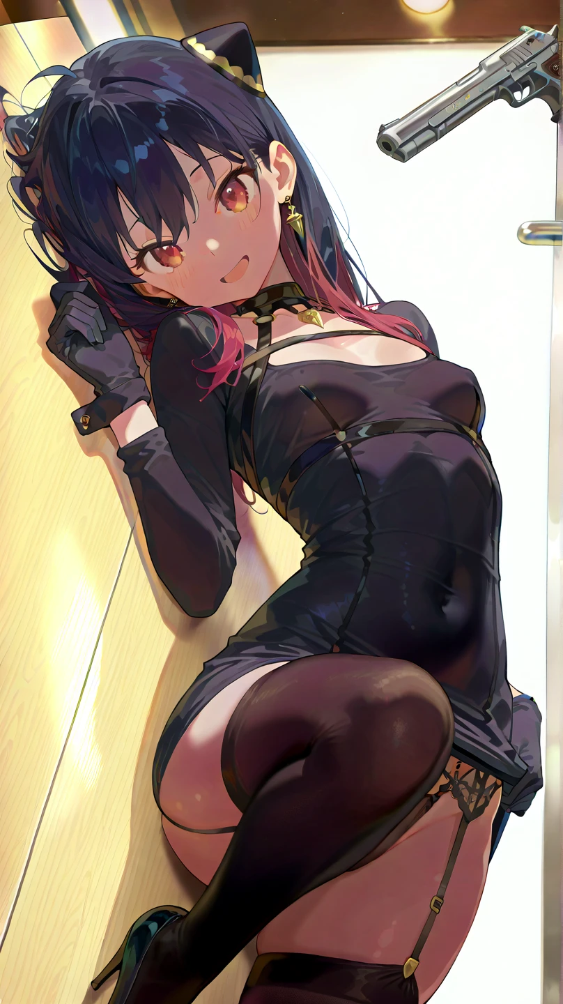 best quality, insanely detailed, nino nakano, breasts, blush, bedroom background, bare-shoulder, looking at viewer, a black ribbon, stockings, pussy, smile, lingerie garterbelt, cheerful eye, Gymnastics leg spread