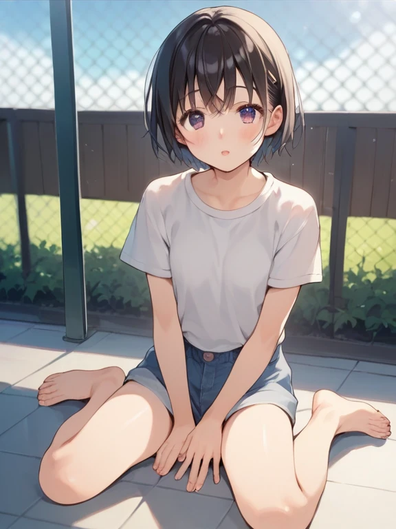 beautiful, (masterpiece:1.2), (best quality:1.2), perfect eyes, perfect face, perfect lighting, 1girl, hair covering one eye, grey sleeveless sweater, look at the viewer, (wide angle:0.8)
,squatting,arms up,((steam,sweat、wet))
