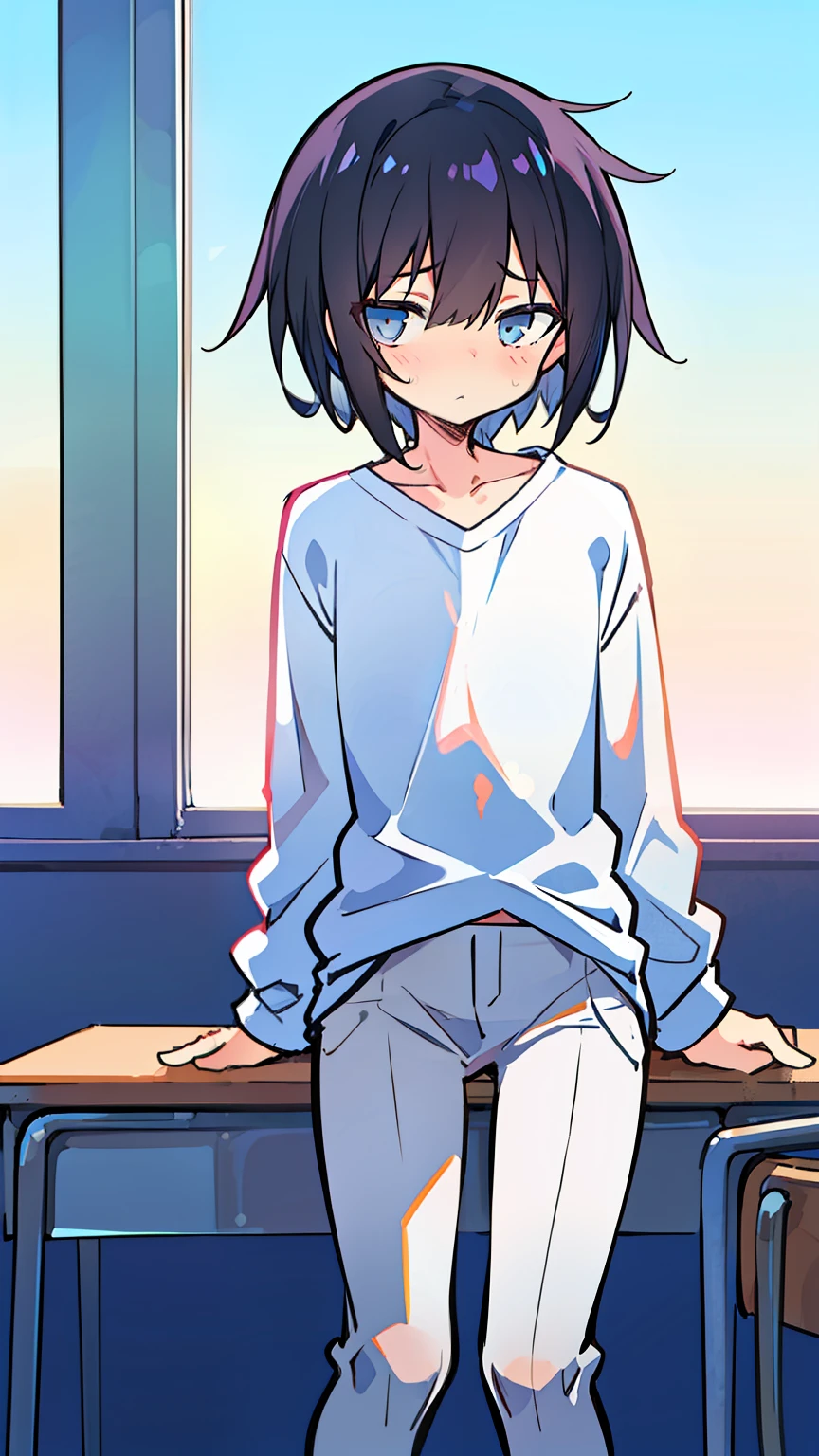 a cartoon chibi high school boy sitting at the back of classroom, looking forward shyly, short messy black hair, white shirt grey pants, classroom background, cartoon style
