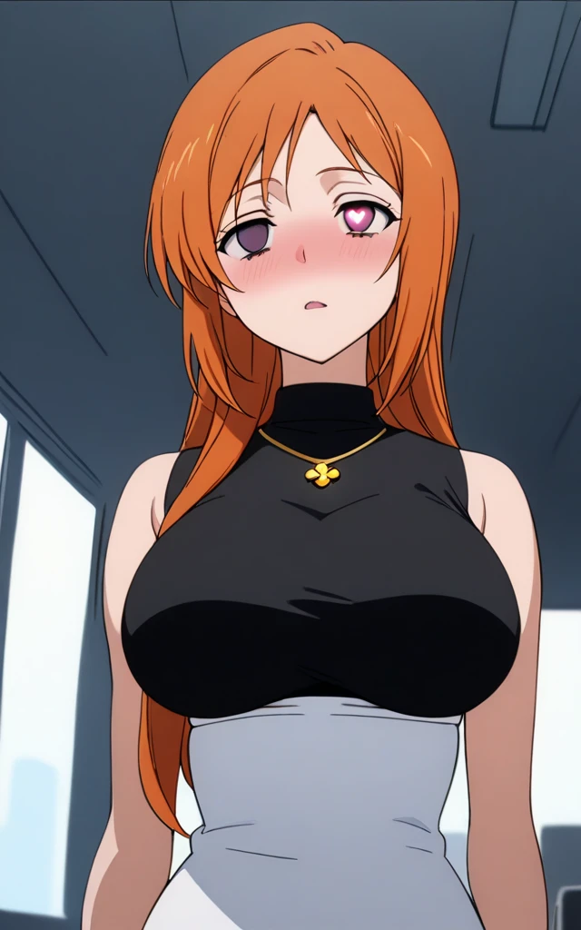 (close-up), 1girl, solo, Erza Scarlet, Fairy Tail, red hair, long hair, sidelocks, black military uniform, big breasts, cleavage, black military peaked cap, black hat, aroused facial expression, shocked eyes, (blush), sweat