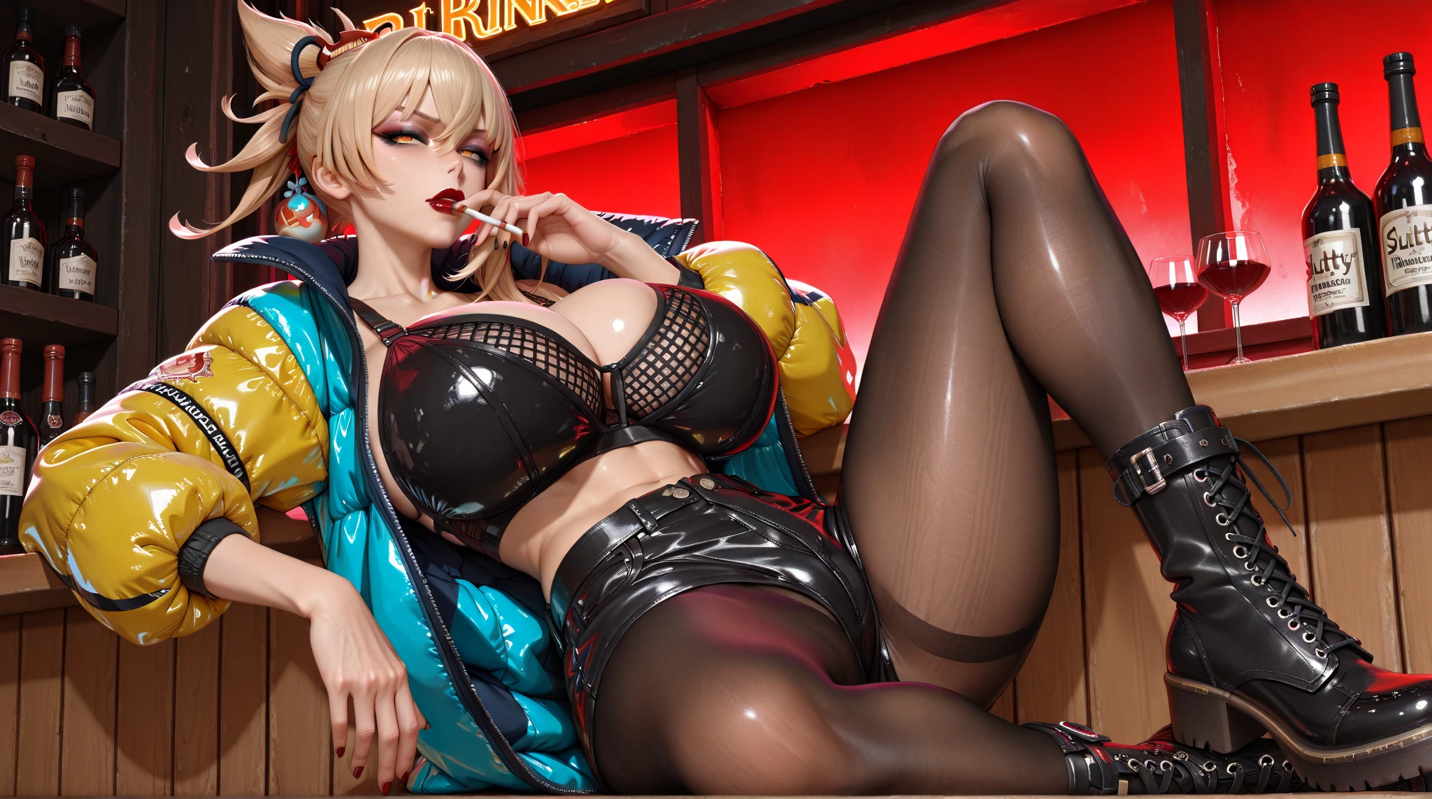 masterpiece, best quality, ultra high res, ultra-detailed, outside a parking, night, beautiful night city landscape, 1 girl, slut, lusamine, blonde hair, green eyes, red lipstick, red eyeliner, dark brown skin, hairy pubic hair, gigantic tits, giant cleavage, soggy, (open leather black jacket, no bra, red straight mini skirt, black fishnet tights, black boots: 1.5), white high heels, horny, sexy, oily body, (lusamine is seating on a sport car spreading her legs wide open and her pussy exposed while groping her breast and while having a very horny face and moaning with open mouth and her slutty tongue out dripping saliva: 1.6)