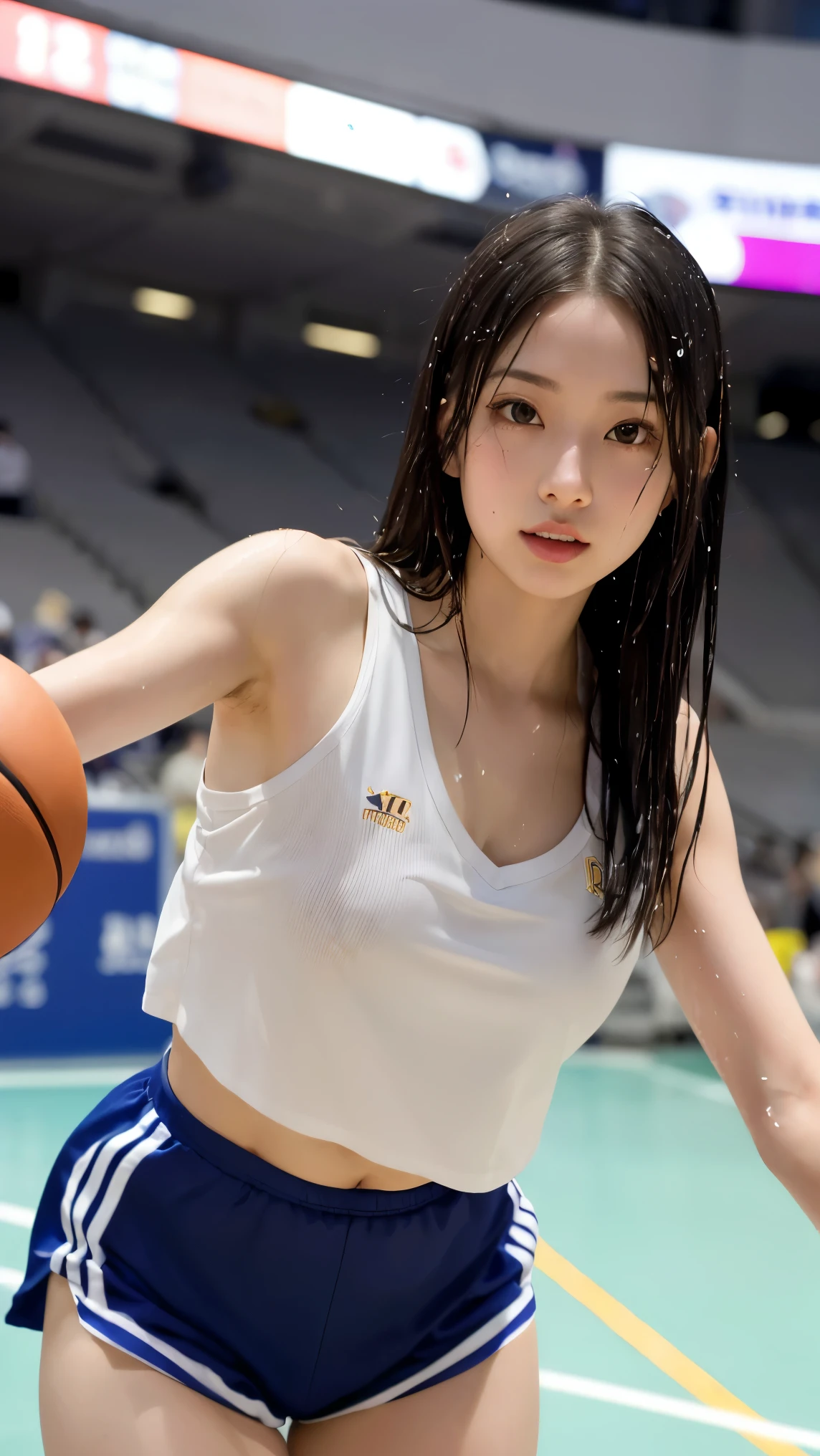 (8k, best quality, master piece:1.2),High resolution,1 girl,real looking skin,dynamic light and shadow,sharp focus,Depth of the bounds written,eyes are delicate,Realisticな生徒, playful expression, wear a basketball uniform,perfect body,the biggest,on the basketball court,Realistic, super detailed, (shiny skin, sweaty:1.4), looking at the viewer,