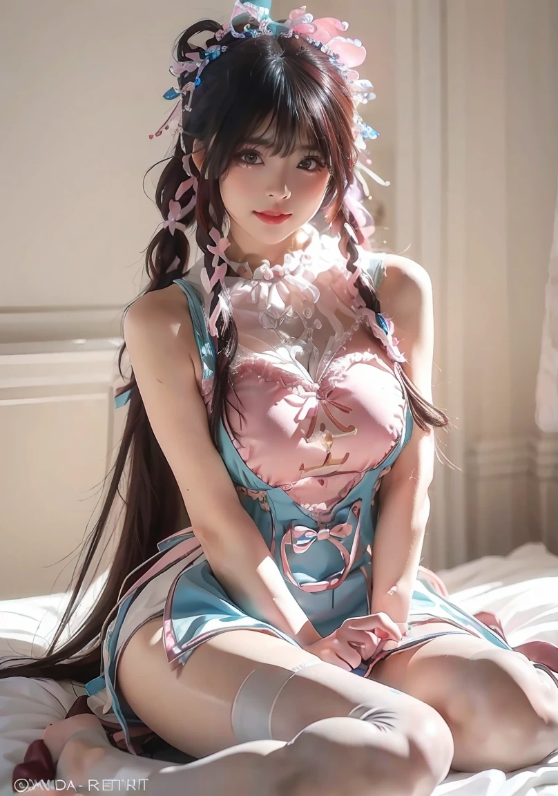 Unbeatable masterpiece, Ultra photo realsisim, Perfect artwork, Intricate details, Best quality, Strong light,High contrast, Hestia (danmachi) Breasts long hair blue ribbon double tail gloves bow dress Rei Nohimo room blue eyes black hair white gloves white dress hair ribbon sleeveless sleeveless dress bangs openwork hair decoration bow tie dress cutout long hair covering navel arm ribbon , Arrigins Arch , downblouse , Loose T-shirt ,Leaning forward