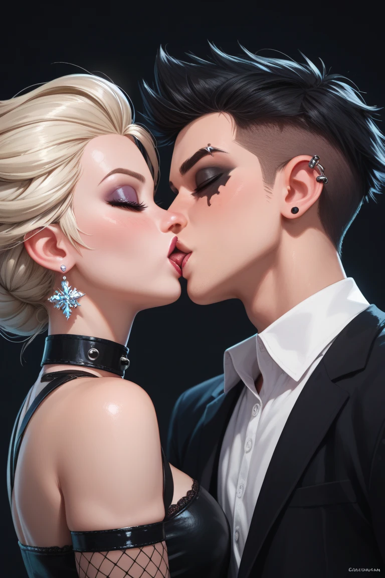  Amazing portrait of a sexy woman wearing her short black hair in a bob with a white hairband and some elegant earrings and a black sleeveless sweater paired with a cream skirt kissing and making out passionately with a shirtless boy in an intimate setting