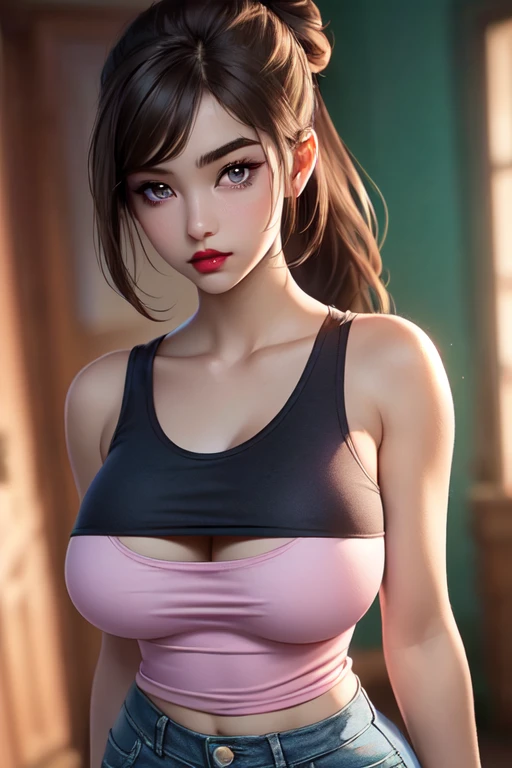 (masterpiece, Best quality:1.4), Personal portrait, female, woman, brown wavy hair and ponytail. torn clothes. (pink summer tank top), Damaged clothing, split, big breasts, unprotected.