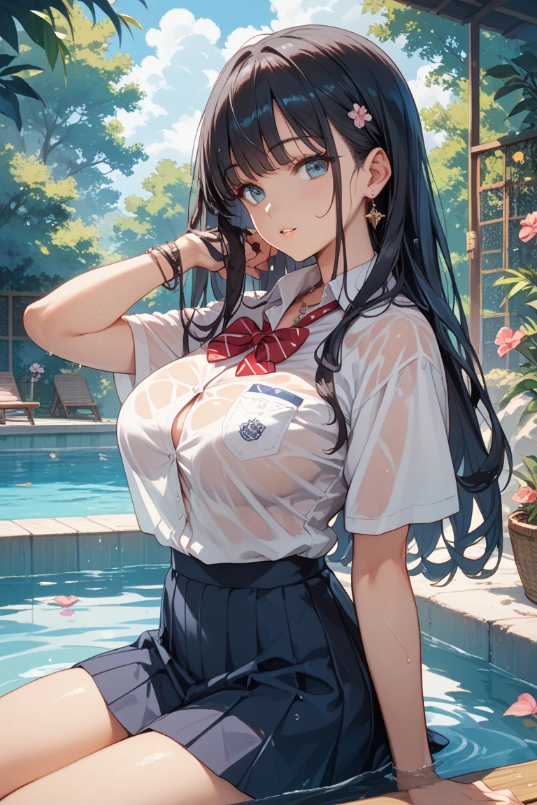 Drawing nipples、Front view、A girl wearing a black pleated skirt, shirt and bow tie、Nipples are visible、Wet shirt、Outdoor swimming pool、Poolside、See-through、Soaking wet、Embarrassing、Red cheeks、Black Hair