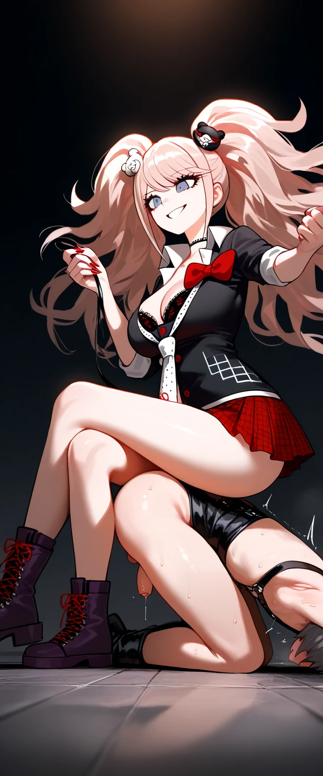 Junko Enoshima masterpiece,1girl,solo,black hair,underboob, hat,light_smile,ofuda,china dress, crossed arms,