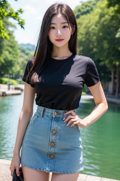 A woman in a black shirt and denim shorts stands by the water, wearing tight simple clothes, in shorts and t-shirt, Wearing a black T-shirt, wearing a black t-shirt, wearing a black t-shirt, blue tight t-shirt, skinny waist and thick hips, casual clothing style, casual modern clothing, black t-shirts, modern casual clothing, Casual clothing, short jeans pants