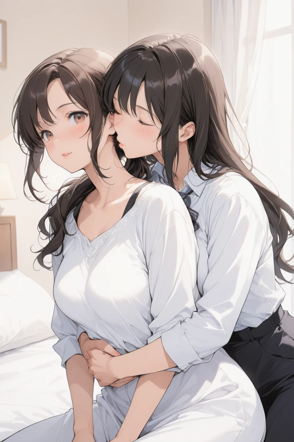masterpiece, Highest quality ,, 2 girls, Yuri, (kiss:1.8), (フレンチ・kiss), blushする, close your eyes, (tongue), (saliva), (Explore), please put your hand on your chest, tongue吸い, Female doctor and nurse, White clothes, pantyhose, Disheveled clothes, See-through panties, Blouse sticking to body with sweat, Thin underwear, Sexy Lingerie, Panties that are about to be taken off,Small breasts, Ecstasy, Messy Hair, Wet feet, Wet clothes,Slender body,In the bedroom,blush,Put your fingers in your crotch,high school girl ,16 years old、Brown hair ponytail, barefoot,I can see your underwear in your crotch,Small breasts,Small Ass,Beautiful profile,Clear limbs,Distinctive nose bridge,Anatomically correct limbs,フレンチ・kiss,Foliage plant,Lie down in bed2Girl Girl,Disheveled sheets