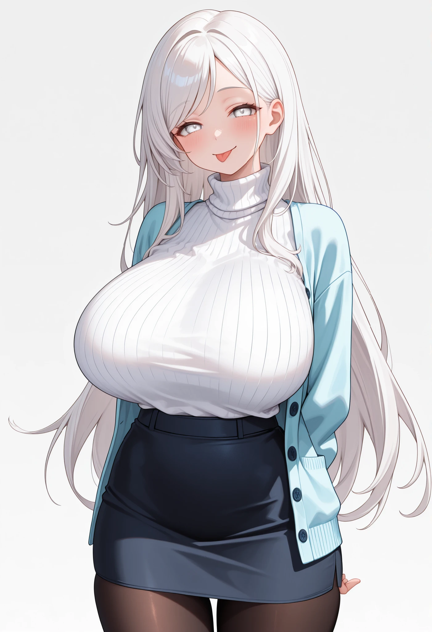 masterpiece, best quality, EyesHD, perfect hands, perfect fingers, 1woman, solo,
white eyes, tareme,
white hair, very long hair, swept bangs,
open clothes, aquamarine cardigan,
long sleeves, white sweater, turtleneck,
navy pencil skirt,
black pantyhose, pantyhose,
(enormous breasts),
skindentation,
blush, half-closed eyes, tongue out, sexual meanings, seductive smile, looking at viewer,
no background, cowboy shot, from front,
standing, ((arms behind back)),
adjusting clothes,