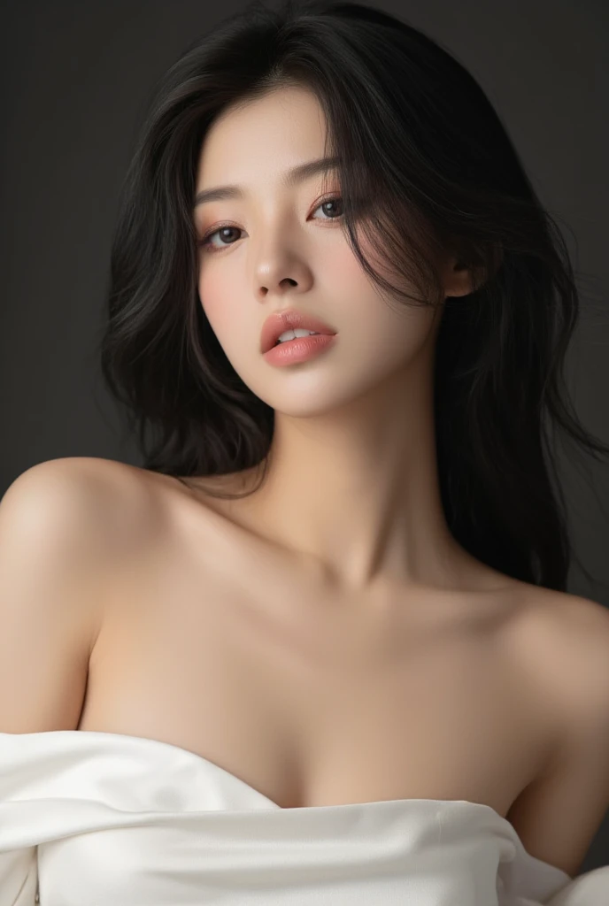 (photorealism:1.2), beautiful woman, E cup size breast, clean and transparent skin, black and straight hair. white background like profile picture, and natural light,