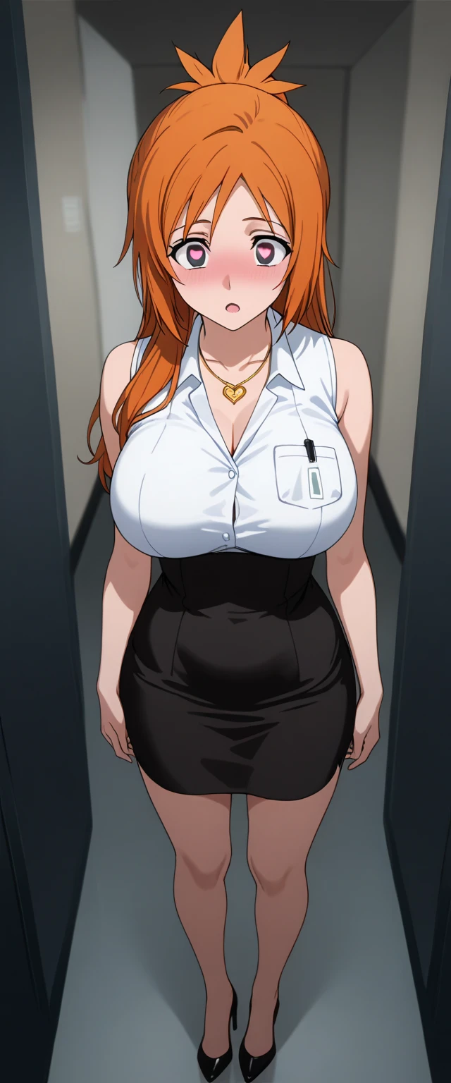 masterpiece, ((ultra detailed background, delicate pattern, intricate detail)), (highly detailed, fine details), best quality, beautiful lighting, (gigantic breasts)), NicoRobinV2, 1girl, red hair, long hair, solo, gigantic breasts, (smile), blue eyes, cleavage, closed mouth, hair slicked back, jewelry, collarbone, ((crop top:1.1), pencil skirt, miniskirt,curvy, thighs, higheels, shiny clothes, skin tight), (complex detailed background, inside, luxury office), curvy, cowboy shot, gigantic breasts