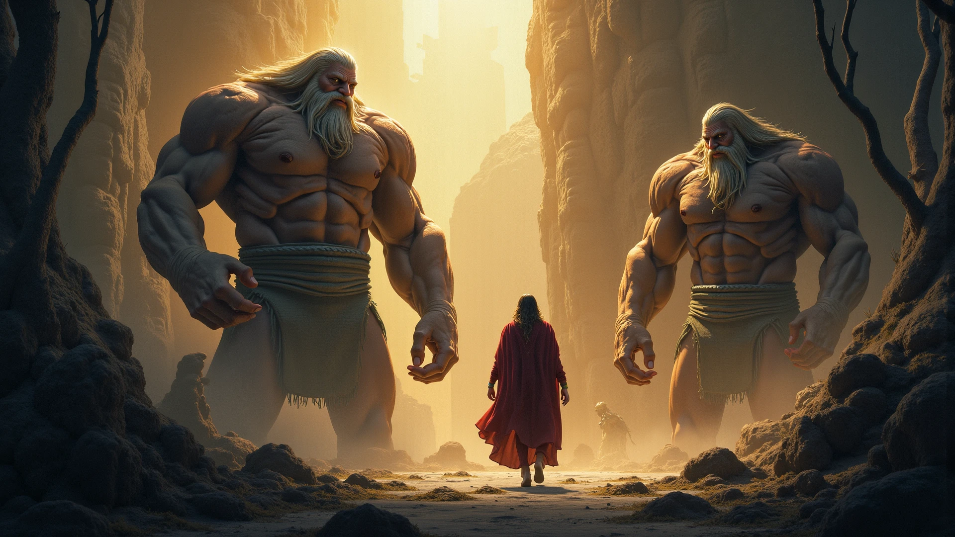 Polyphemus, a giant cyclops, He holds two men in his hand while the others watch in horror.. Odysseus, with a jug of wine, se la ofrece a Polyphemus.
- *Text:* Odysseus: "Take this wine, Polyphemus. My name is Nobody."