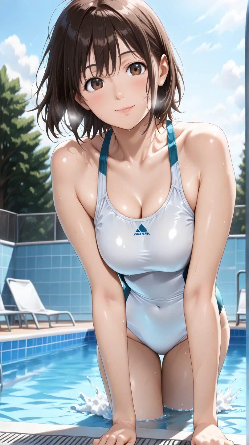 (masterpiece,best quality,Ultra A high resolution),japanese girl, (((She is a really beautiful 25 year old girl.))), Pretty Woman、look at the photographer、 ((Beautiful low ponytail)), very cute face, excitement, pleasure, red face, sweat, shiny lips, Both eyes have double eyelids,、 natural makeup, long eyelashes, Shiny and soft hair、whole body, perfect limbs, complete anatomy,(((White school swimsuit))、Japanese Man((A really muscular 25 year old boy..))), cool guy, ((dark skin color)), very nice face, excitement, pleasure, red face, sweat, shiny lips,whole body, perfect limbs, complete anatomy((swimming trunks)),swimming pool,night,Get soaked in water,(white fluid in the vagina), man and woman have sex.