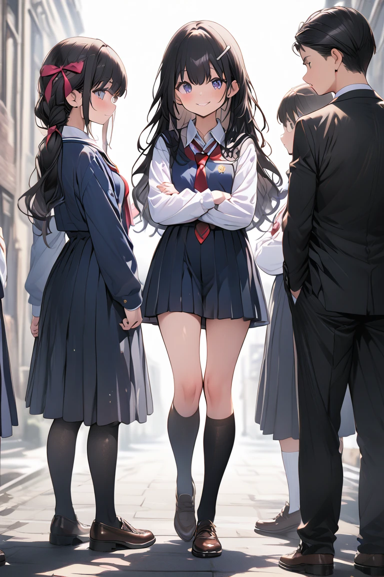 One Woman、beautiful girl、after school、evening、high school girl、School Nameplate、Blazer uniform、Pleated skirt、Black knee-high socks、Long Hair、In front of the school gate、Highest quality,  Thick thighs、Big 、Black Hair、Pounding face、A crowd going home from school、In front of the school gateで待つ仕草、A handsome man walks in from the back.