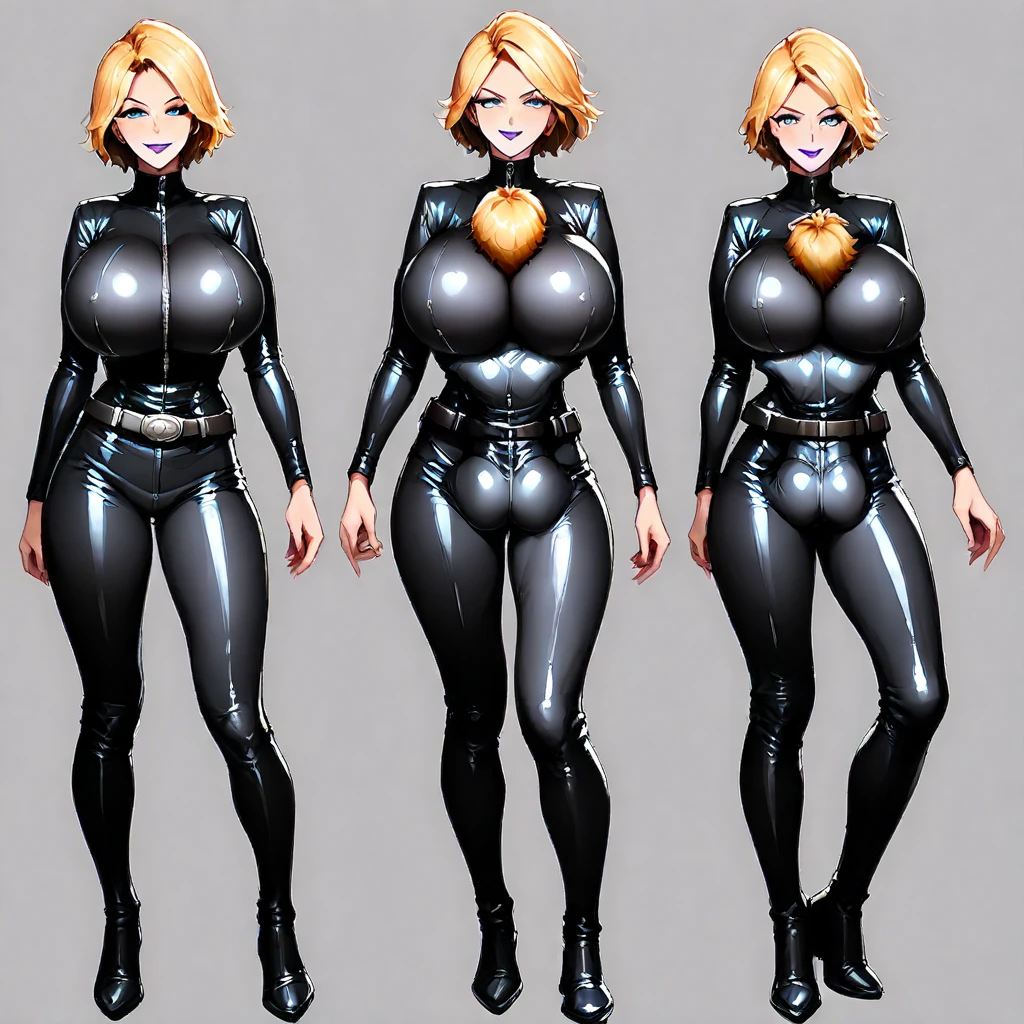 ((character concept art)), ((character design sheet, same character)),(full body view), young adult girl, Tall stature, little chest, closed mouth, Slavic appearance: Green eyes; blond hair; sharp facial features; dimple on the chin; Straight nose; high nose; pronounced high cheekbones; high forehead, stands upright, (gigantic breasts:1.4), wide hips, brasilian butt, big tighs, detailed face, gym bodysuit.