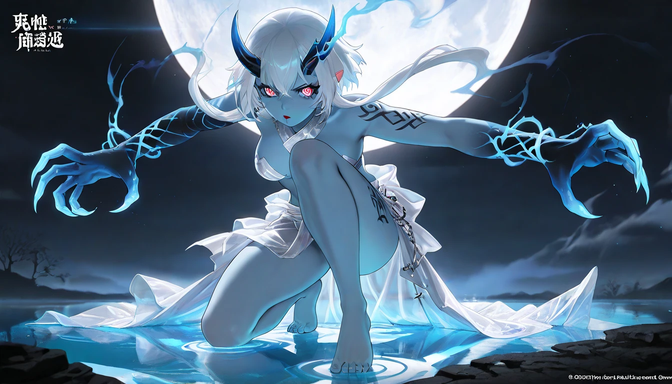 (((blue skin:1.2))),(wavelong hair),(light green color hair),(Black Sclera),((small breasts)),((slender adult)),((highest quality)), ((masterpiece)), (be familiar with), Perfect Face,succubus woman,Demon woman,demon horn,demon wing,demon tail,crotch tattoo,smile,squat,1boy,penis,reverse sex,riding sex,Leg spread,squat,semen,Liquid is dripping